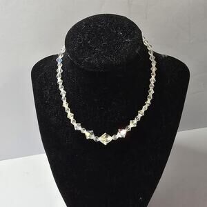 Vintage Graduated Crystal Bead Necklace Rainbow AB Glass Brass Hook 16”